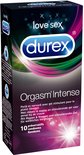 Doosje Durex Orgasm Intense condooms met roze en paarse accenten.