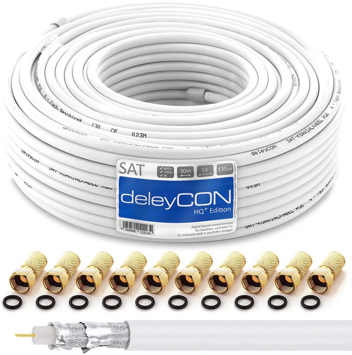 30m SAT Coaxkabel 135dB 5-voudig Afgeschermd voor 4K UHD DVB-S S2 T C