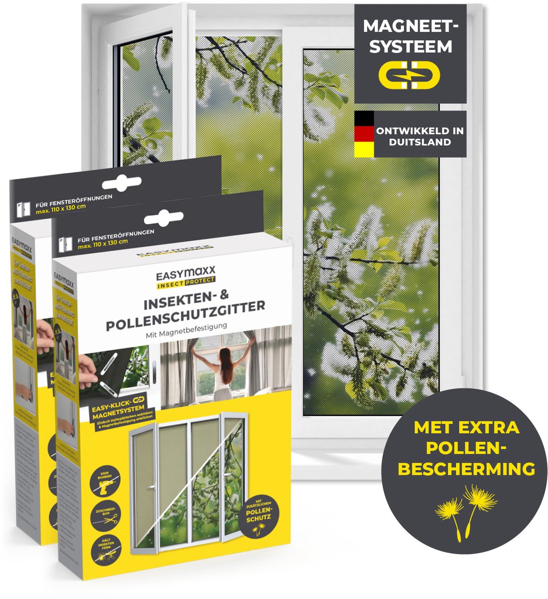 EASYmaxx Insect Protect Vliegengaas voor ramen, op maat te snijden, insectenbescherming voor ramen tot 110 x 130 cm, met magneet tegen pollen, eenvoudige montage zonder boren, zwart, 2 stuks