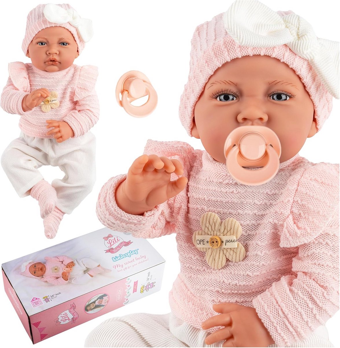 Babypop Lili - Realistische pop Zachte pop - Rollenspel - Met geluidsfunctie - 41 cm - Roze