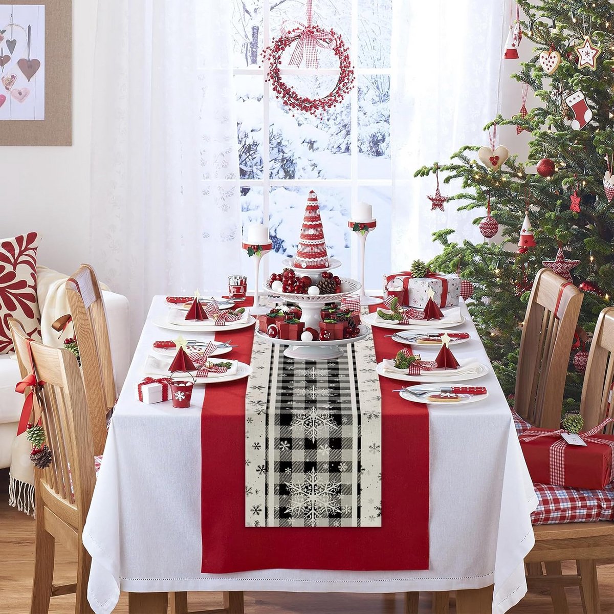 Kerst Tafelloper Grijs Geruit met Sneeuwvlokken voor Winter Eettafel Decoratie