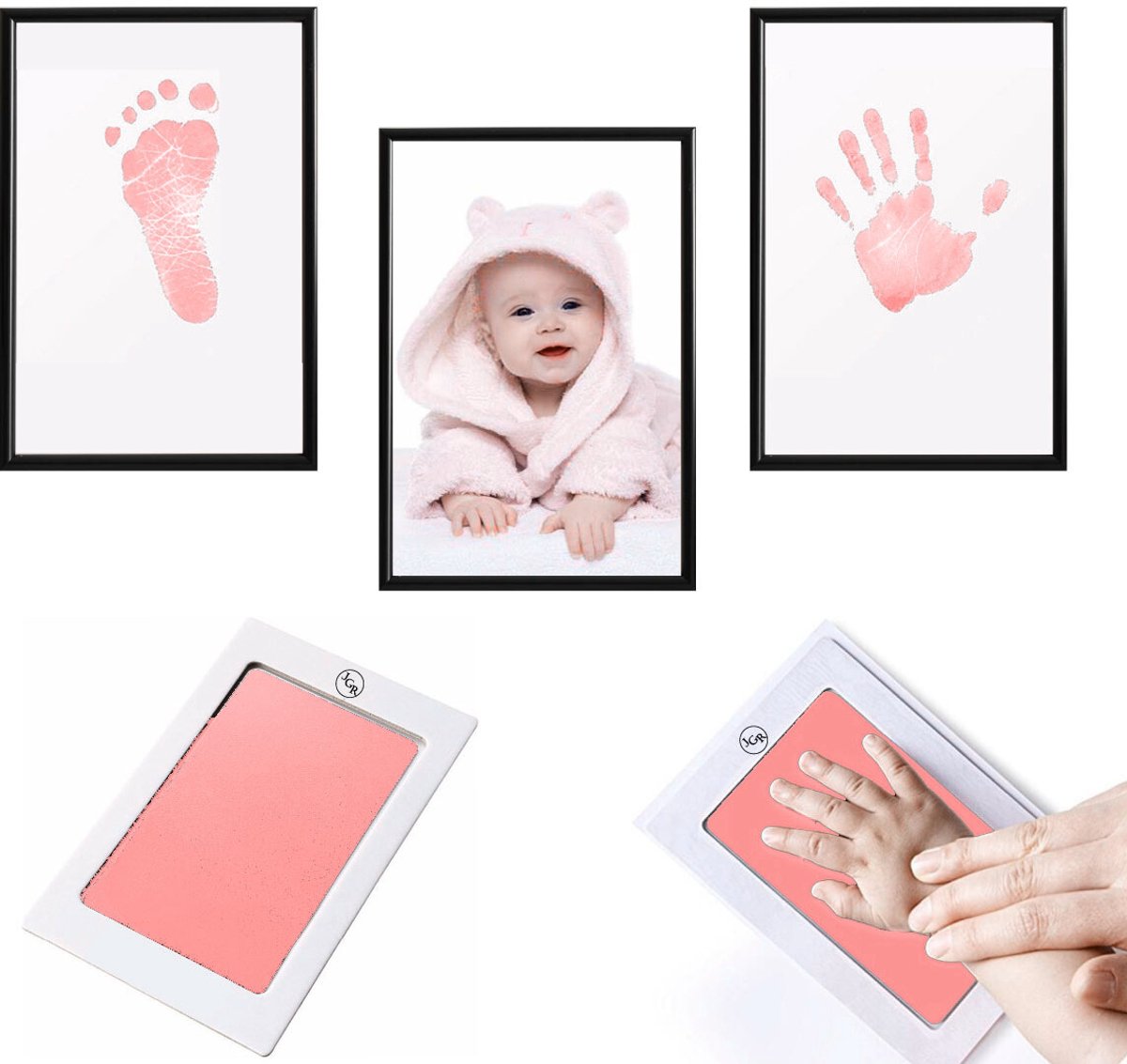 JGR – Baby handafdruk - Baby voetafdruk - roze - Set - Baby Art - Kraamcadeau - Babyshower Cadeau – Inktafdruk – Pootafdruk Hond & Kat – Inclusief beschrijving Nederlands/Engels