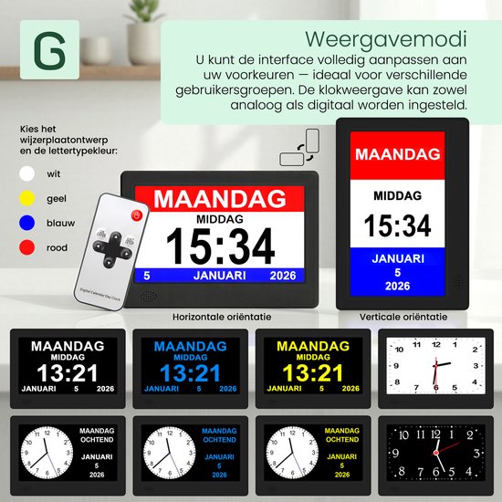 Weergavemodi digitale klok: horizontaal en verticaal. Kleuren: wit, geel, blauw, rood. Toont verschillende analoge en digitale klokgezichten.