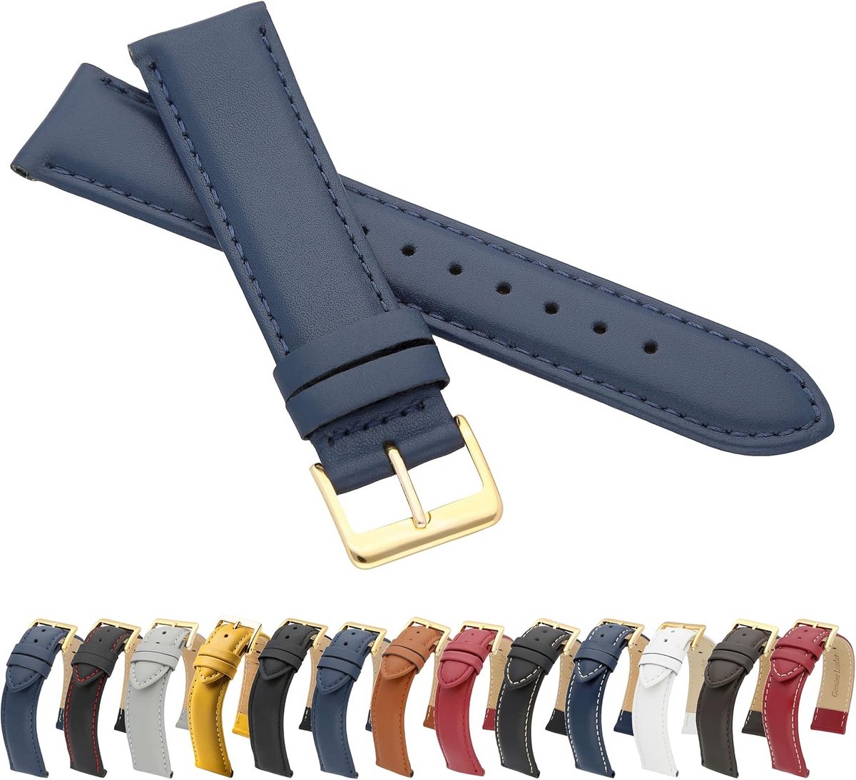 Horlogeband Glad Leer Blauw Goudkleurige Sluiting Echt Rundleer