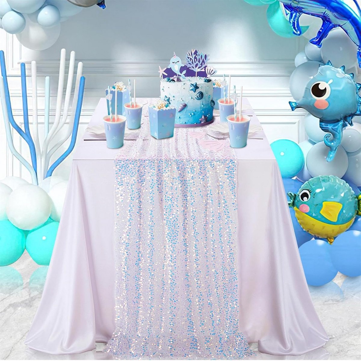 Witte Iriserende Pailletten Tafelloper 25x120 inch voor Feest en Ceremonie Decoratie