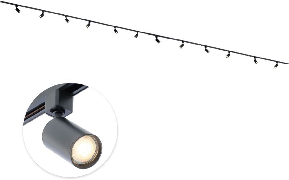 Qub Focus Railverlichting - Zwart - 800 cm - I-Vorm - 12x GU10 Spots - Dimbaar - Complete Set