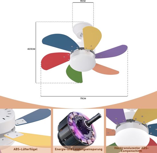Glitzerlife– plafond ventilator met verlichting - Ventilator lamp plafond - stille plafondventilator - stil met afstandsbediening en timer - Ø75 cm - gekleurd - plafondlamp met ventilator voor woonkamer en slaapkamer van Glitzerlife — afbeelding 2
