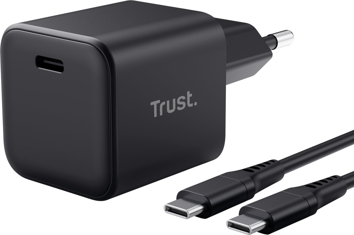 Trust Maxo 65W USB-C GaN Oplader - Ook voor 45W Laptops - Compacte Snellader voor Laptop, Tablet en Smartphone - 2m Kabel - Zwart