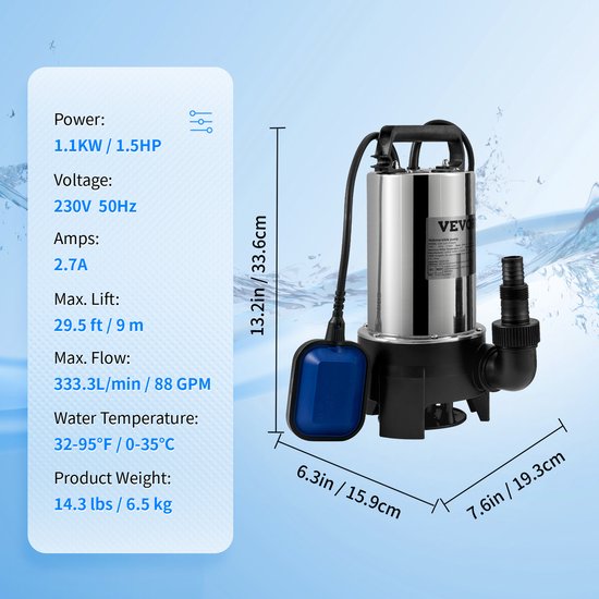 VEVOR Dompelpomp 1100w Vuilwaterpomp 230v Tuinpomp Debiet 333,3l/Min Vuilwater Pompen Ipx8 Uitlaat Kan Worden Afgesneden Om Water Uit Zwembaden van Vevor — afbeelding 3