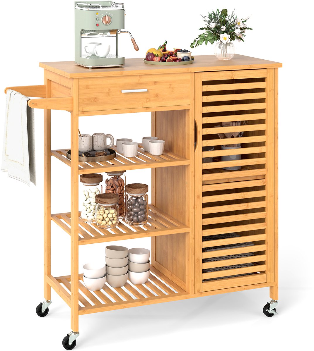 COSTWAY Keukenwagen van hout bamboe, keukenkast met wieltjes, serveerwagen met lade, 3 planken, handdoekhouder en 1 lattendeurkast, rolwagen voor keuken eetkamer, 91 x 44 x 89 cm, naturel