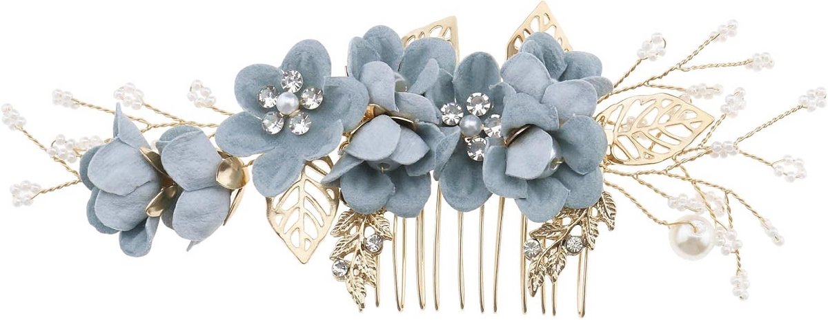 Elegante Blauwe Bruidshaarkam met Strass en Parels voor Bruiloft en Feest