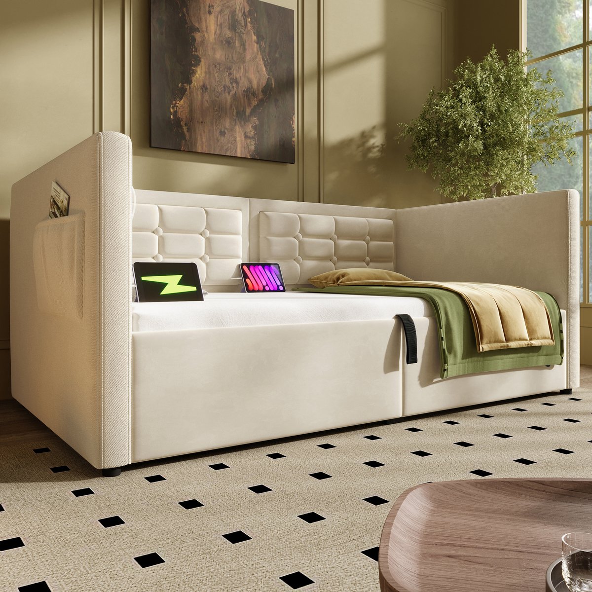 Wishdor Gestoffeerd Slaapbankbed 90x200 cm – Hydraulische Opbergruimte – USB en Type-C – Opbergtassen – Fluweel – Beige