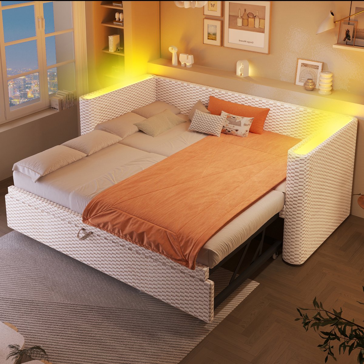 Wishdor Luxe Slaapbank / Uitschuifbed 90x200 tot 180x200 cm - Met LED Verlichting (App) - Fluweel Beige - Logeerbed