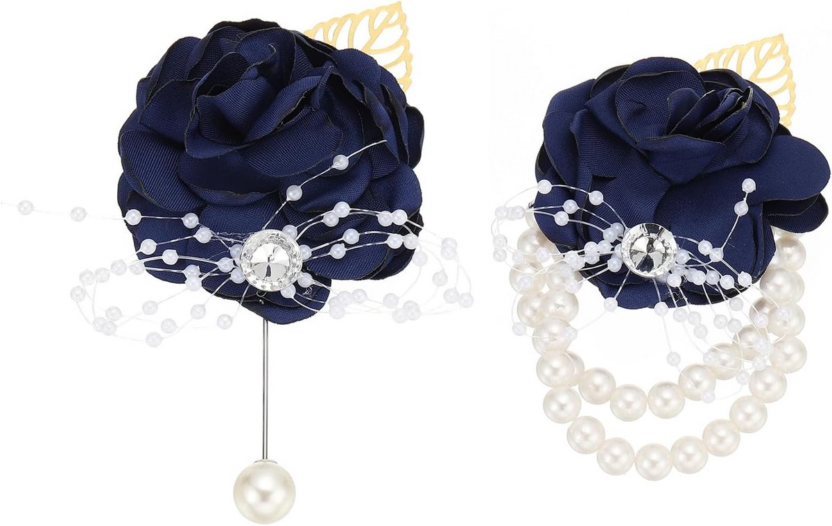 Pols Corsage Bruiloft & Feest - Kunstbloem Rozen Corsage voor Bruidsmeisje, Gala en Ceremonie - Marineblauw