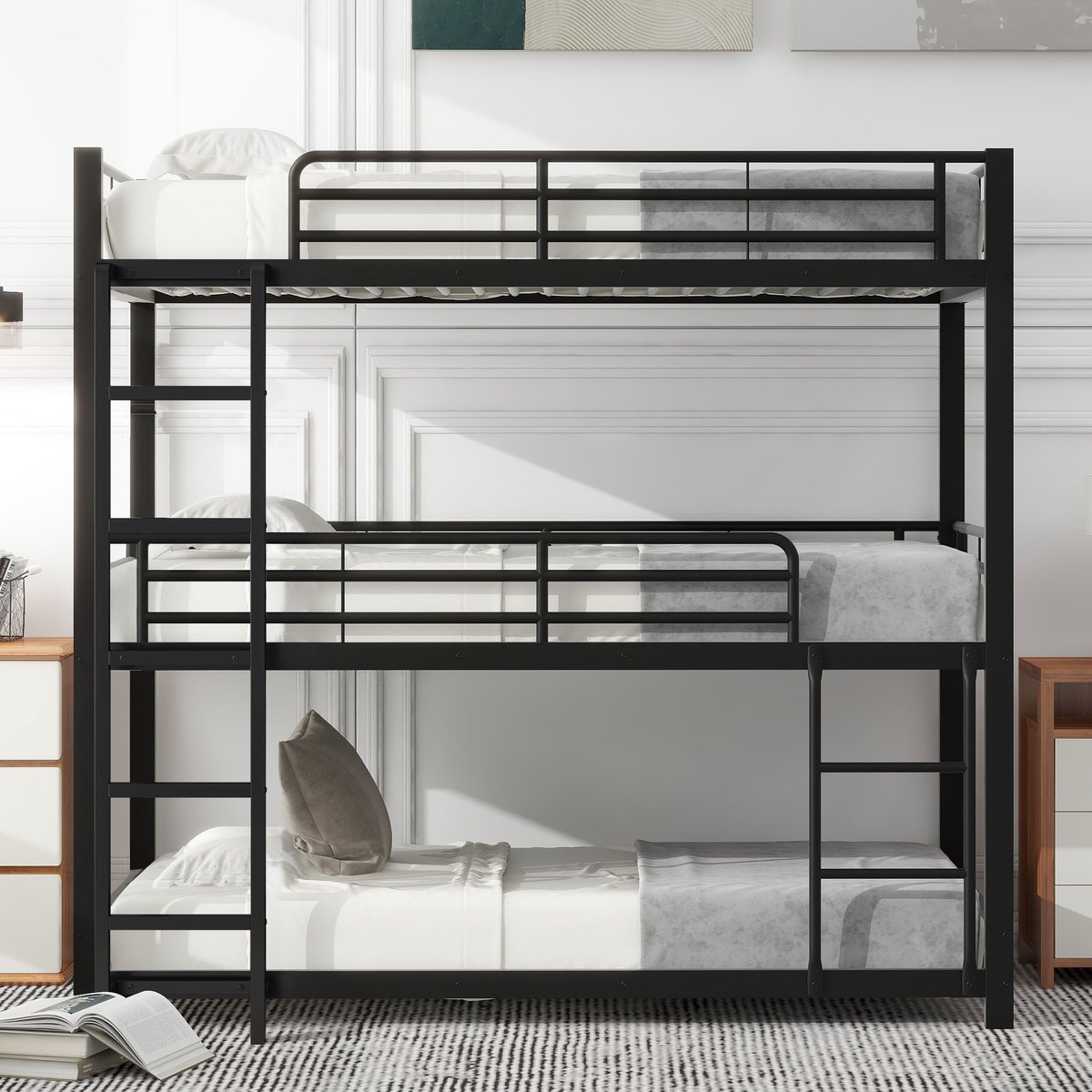 Wishdor Drievoudig Stapelbed 90x200 cm - Metalen Frame - Ladder en Uitvalbeveiliging - Minimalistisch Zwart