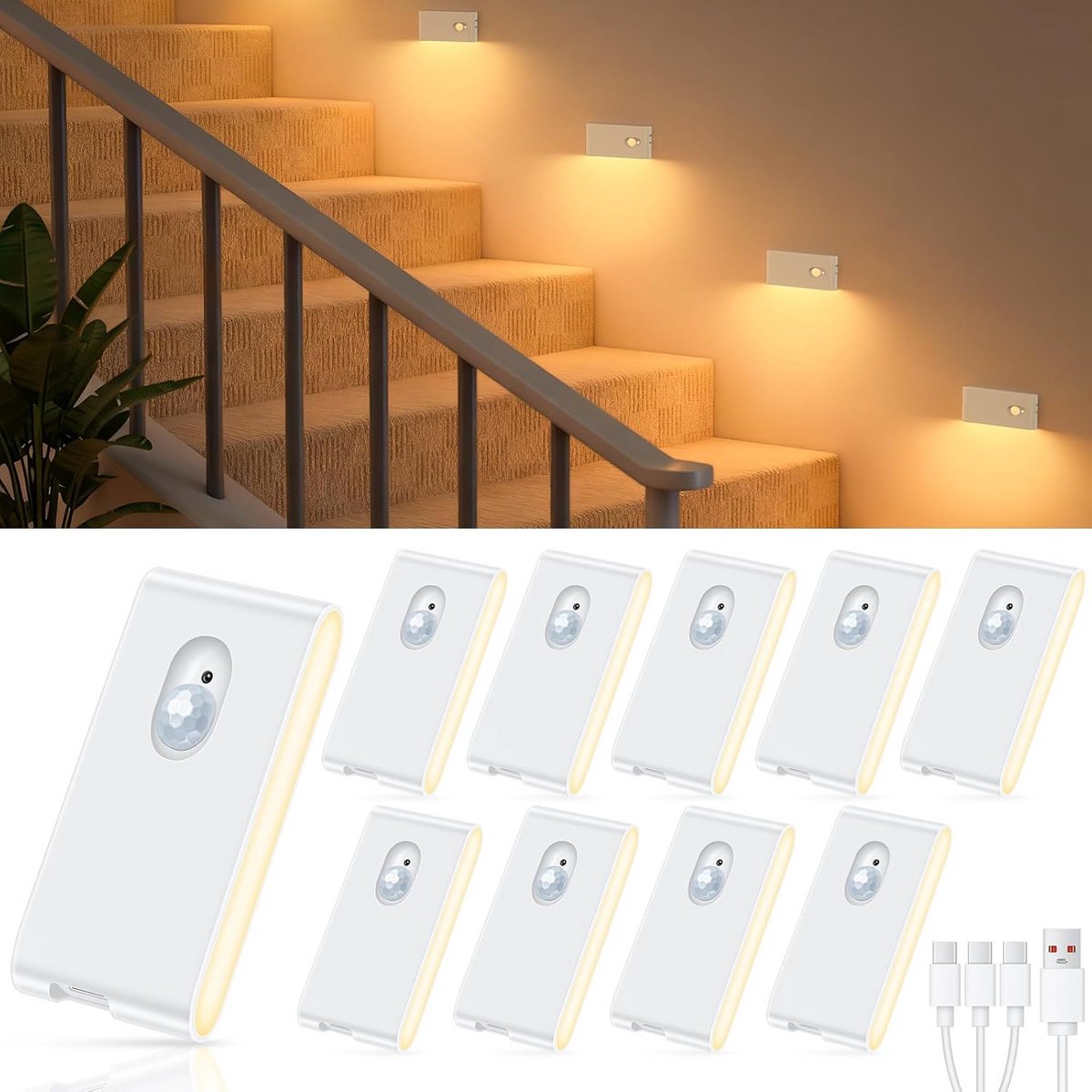Draadloze Bewegingssensor Nachtlampjes met Oplaadbare LED - 10 Stuks