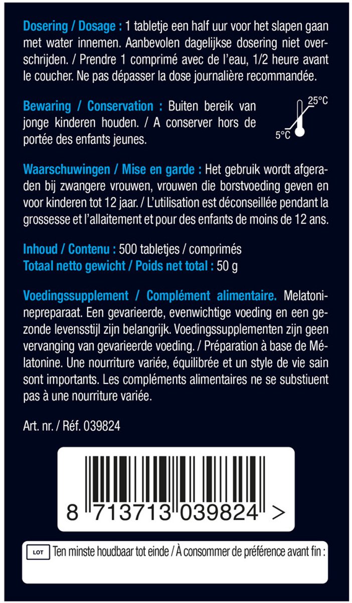 Lucovitaal - Melatonine Tabletjes 0,299 mg - 500 tabletten - Voedingssupplementen — afbeelding 4