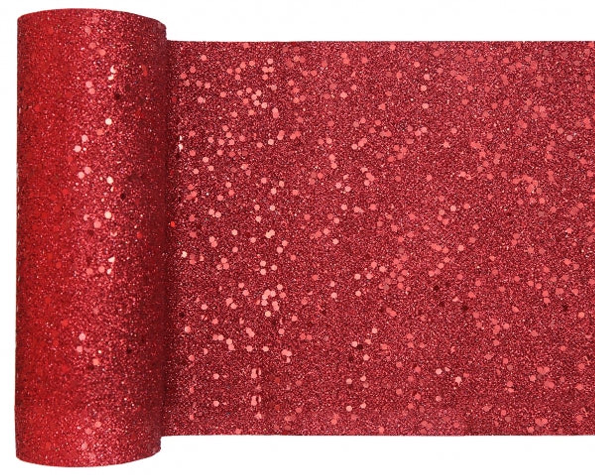 Santex Glitter Tafelloper smal op rol - rood - 18 x 500 cm - polyester