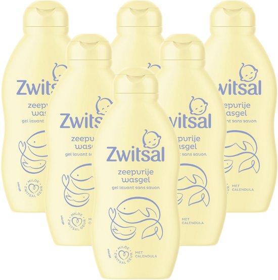 Zes zachtgele flessen Zwitsal zeepvrije wasgel met blauwe visafbeeldingen en tekst.