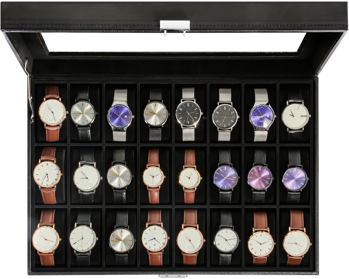Trendello Horloge Doos - Horlogebox - Horloge Opbergdoos - 24 Vakken - Geschikt voor sieraden - Zwart binnenkant
