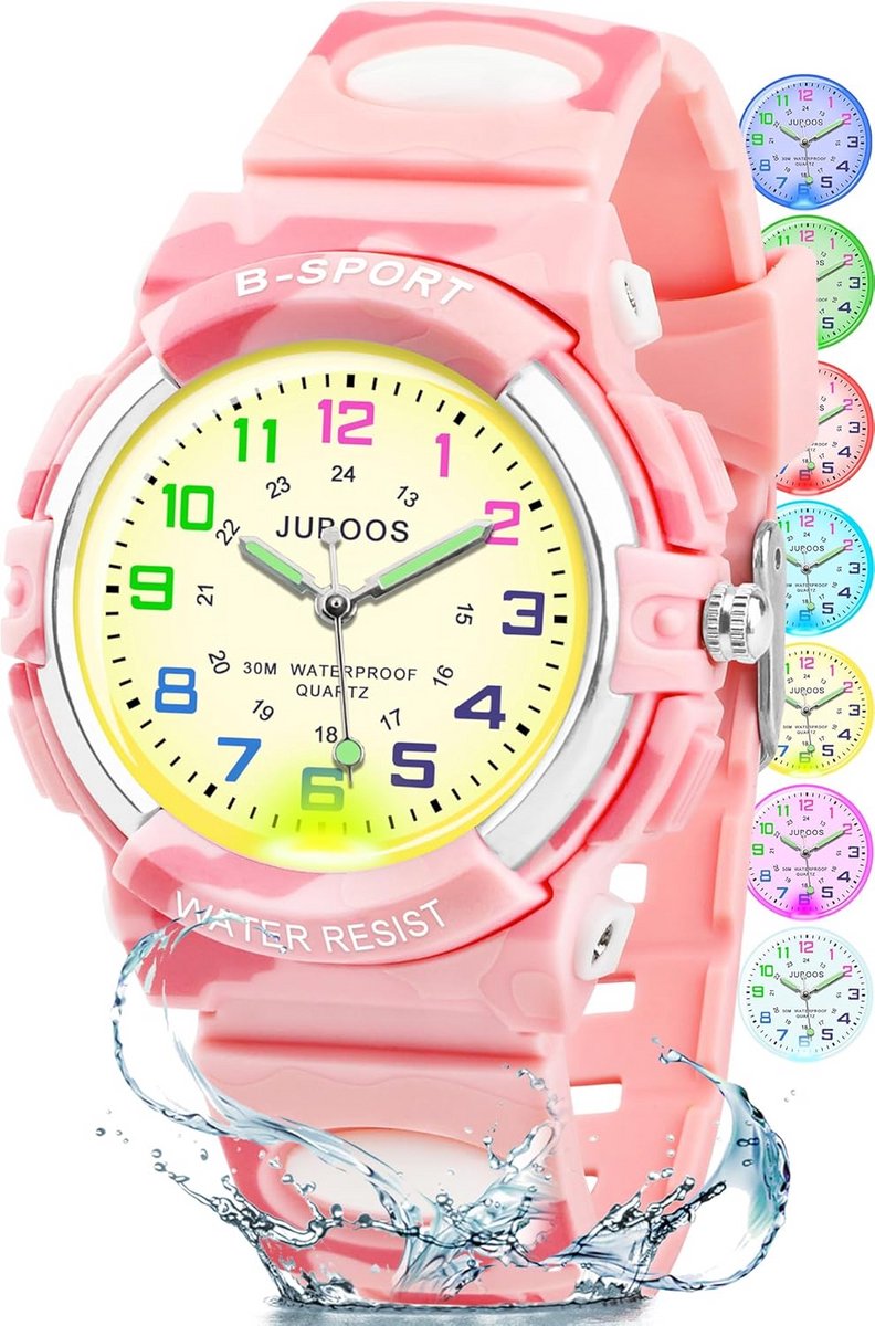 Kinderhorloge Analoog Waterdicht met 7 Kleuren Wijzerplaat voor Jongens en Meisjes