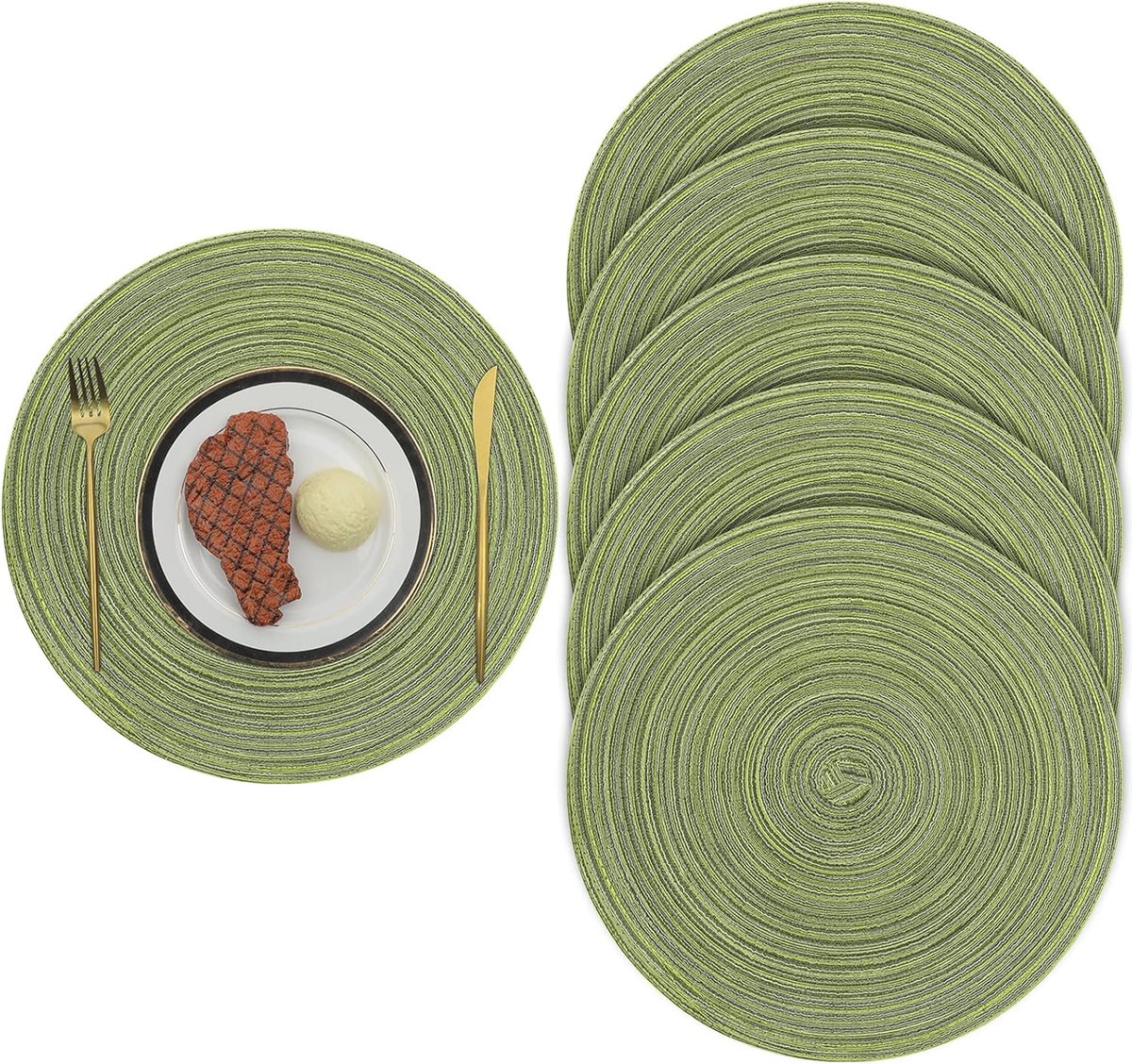 6-delige geweven placematset, 38 cm rond, wasbaar, antislip en hittebestendig (groen)
