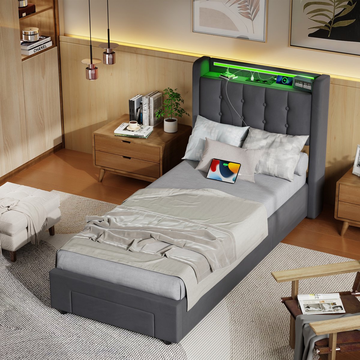 MIVRAY Eenpersoonsbed Met LED 90x200 - Gestoffeerd Bed Met Opbergruimte - Fluweel - Donkergrijs