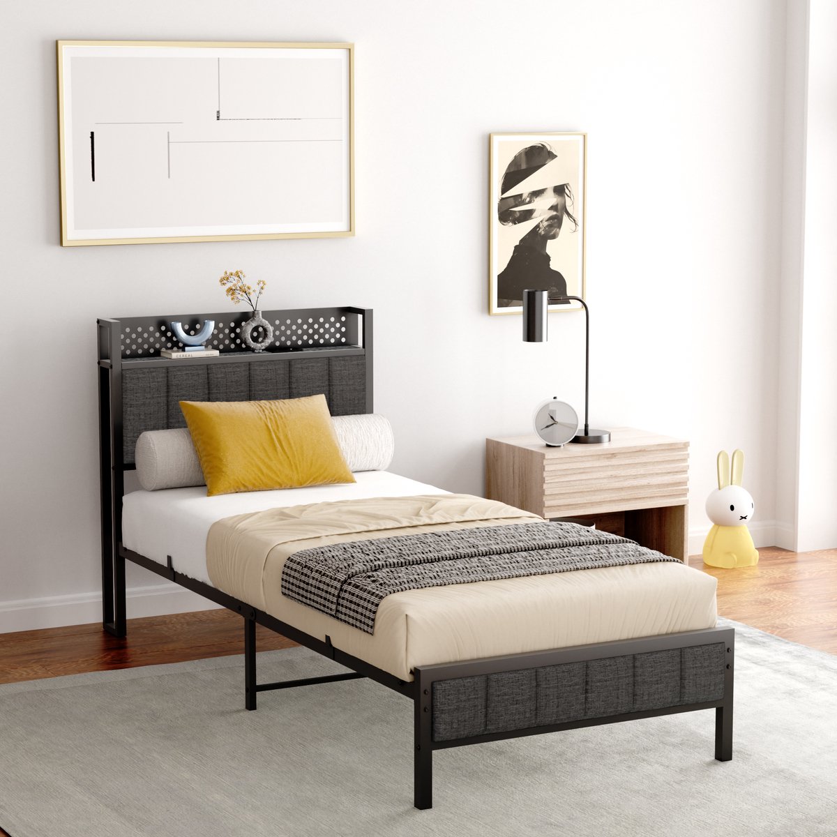 MIVRAY Eenpersoonsbedden 90x200 cm - Metalen Bedframe - Stevig Bed - USB Poorten - Gepolsterd Hoofdbord - Zwart