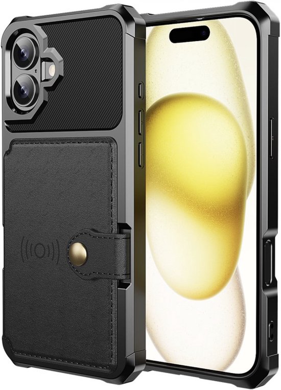 Coque de téléphone noire avec fermeture magnétique et un compartiment pour cartes, avec une texture côtelée.