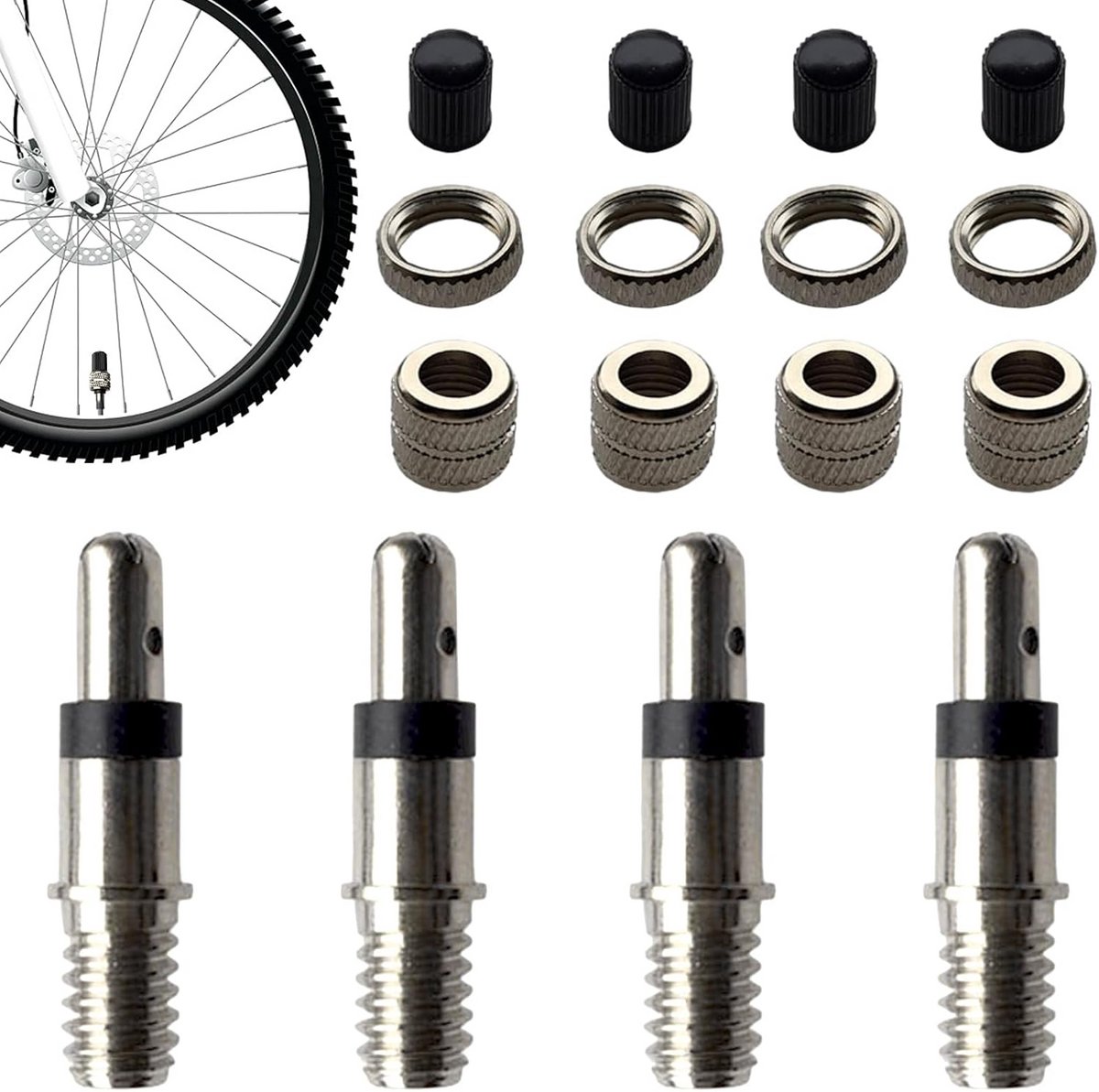 Fietsventiel Set - Ventielinzetstuk Reparatie - Fietsband Repareren - Compleet met Afdichting - 16 Delig - Zilver