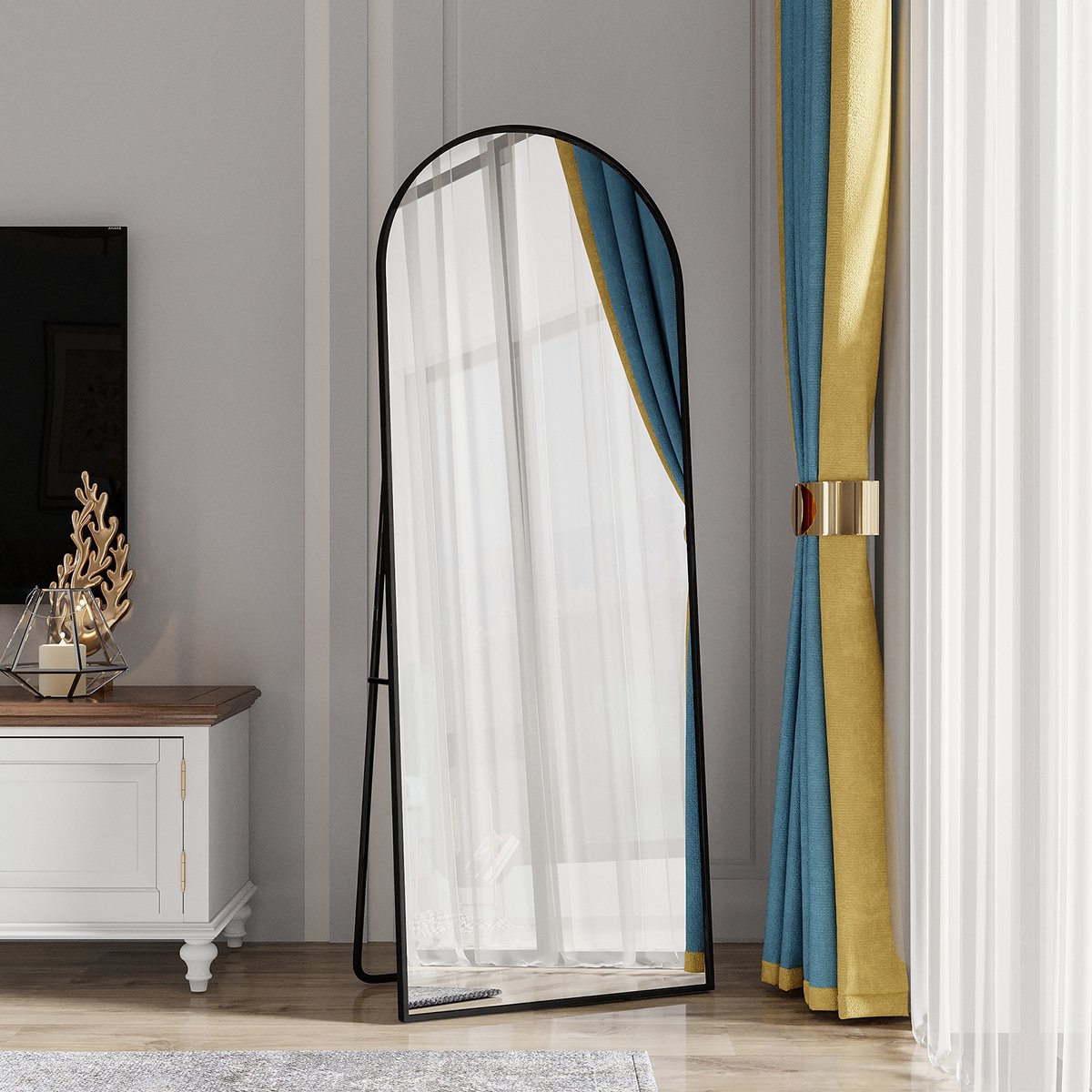 Gebogen staande spiegel 162x53 cm, met verstelbare standaard, zwart aluminium frame, hangend of staand, voor slaapkamer, woonkamer of garderobe