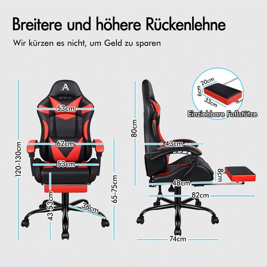 Ergonomische Gaming Stoel met Verstelbare Rugleuning en Voetensteun — afbeelding 5