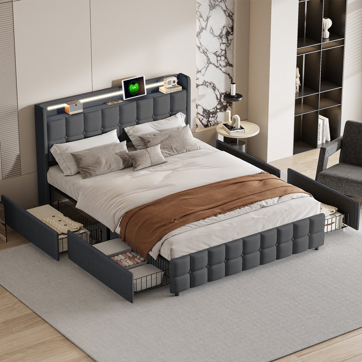 Gestoffeerd bed 160x200cm, hoofdbord met ledverlichting en oplaadpoort, opbergbed met 4 lades, opbergbedframe, lattenbodem, grijs linnen