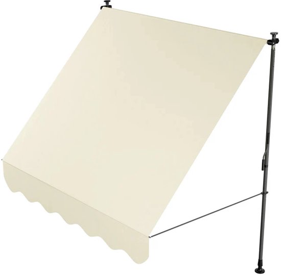 Beige luifel met golvende rand, bevestigd aan een donker frame met handslinger.