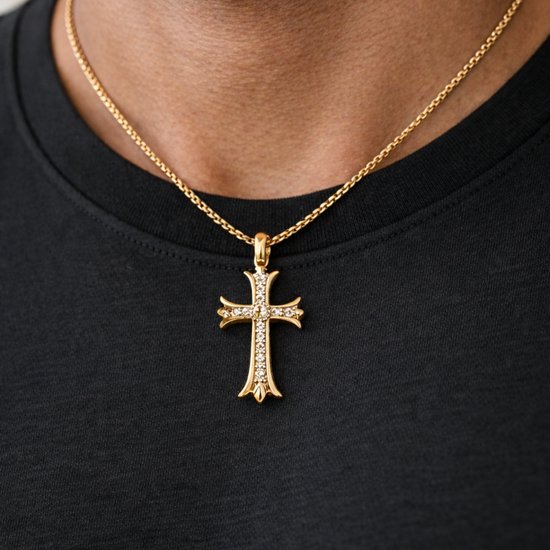 Gouden kruisketting met zirkonia stenen, gedragen door een man met zwart shirt.
