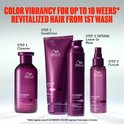Wella Professionals Ultimate Color haarverzorgingslijn: shampoo, conditioner, leave-in masker en shine spray in paarse verpakkingen.
