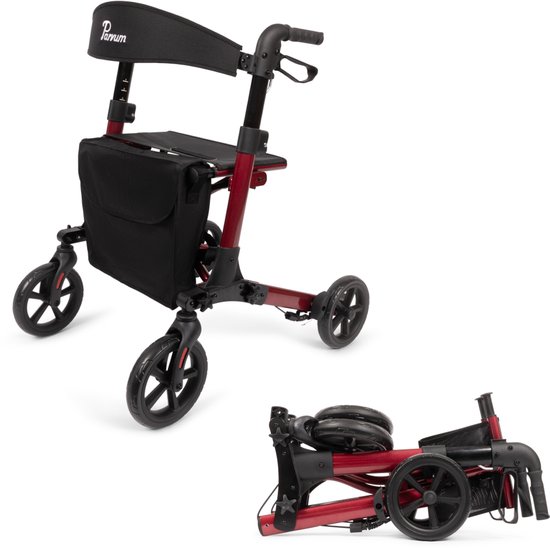 Parvum Brava Rollator - Driedubbel opvouwbaar en lichtgewicht (6,8kg) - Incl. stokhouder, tas & rugleuning - Robijnrood