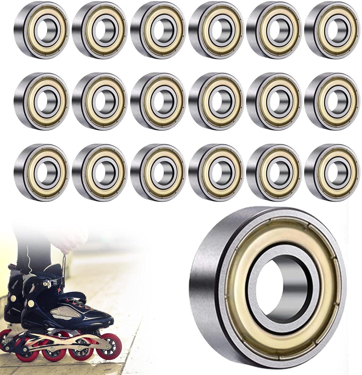 Kogellagers 8x22x7mm voor Skateboard en Waveboard Set van 18 Stuks met Groefkogellagers voor Inline Wielen Goud