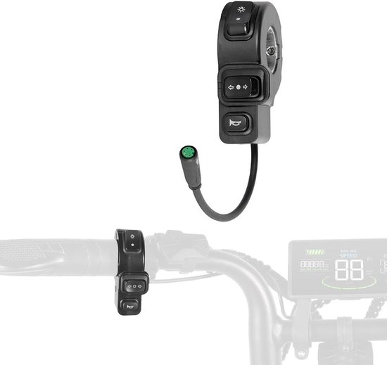 Zwarte schakelaar met 3 knoppen: licht, richtingaanwijzers en claxon, gemonteerd op een fietsstuur met een display.