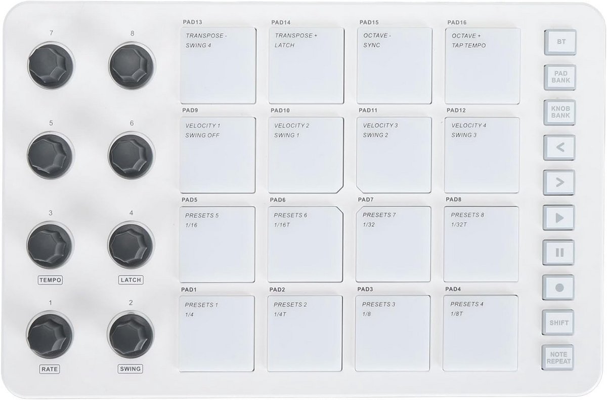 Draadloze MIDI Controller met 16 RGB Drumpads en 8 Draaiknoppen - Aftertouch & Bluetooth