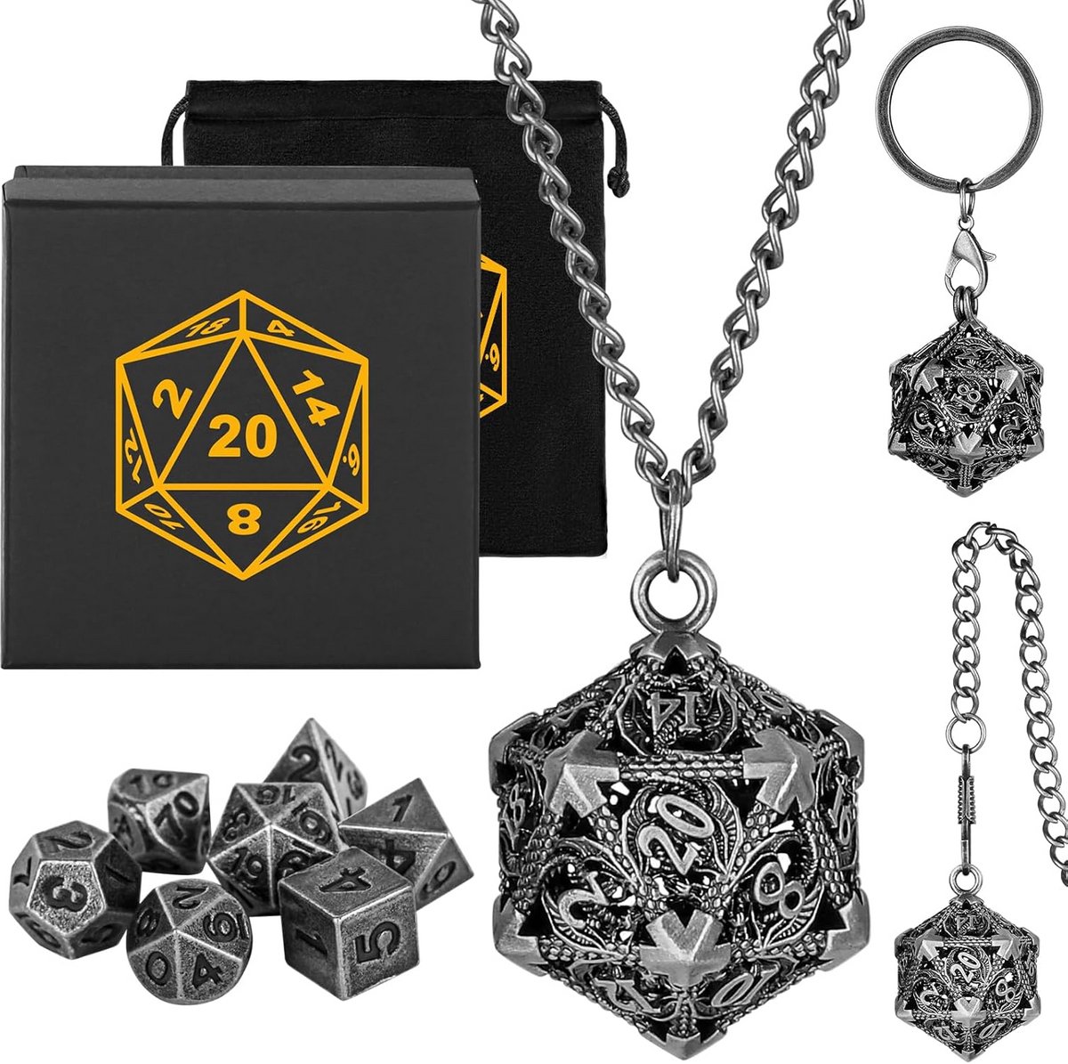 Mini Metalen D&D Dobbelstenen Set met Draagbare D20 Sleutelhanger Houder