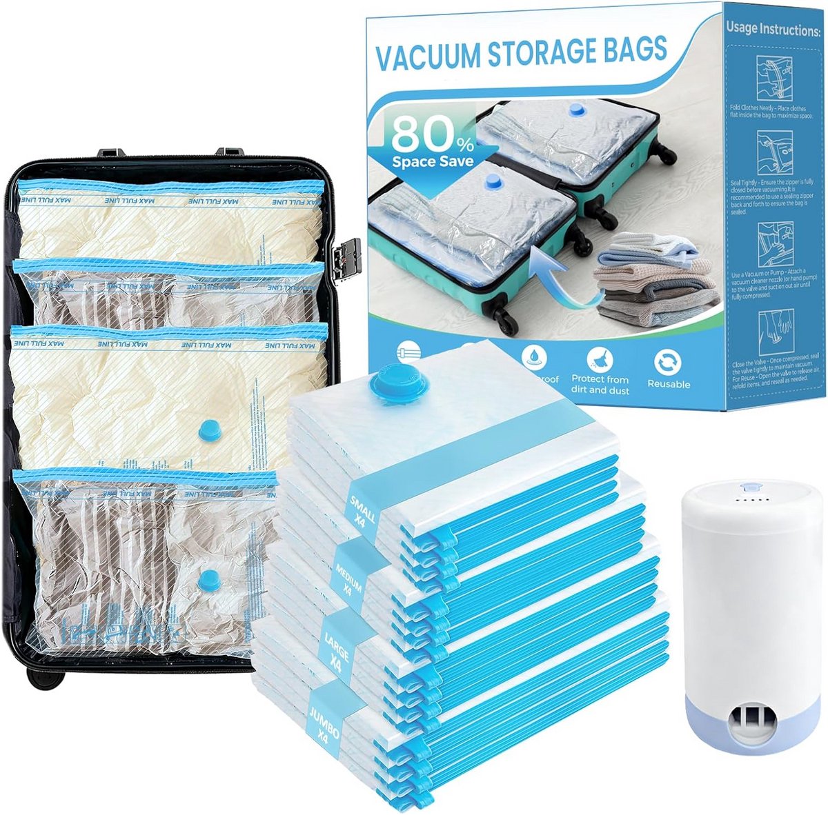 Vacuüm Opbergzakken Set met Draagbare Elektrische Pomp voor Kleding en Reizen
