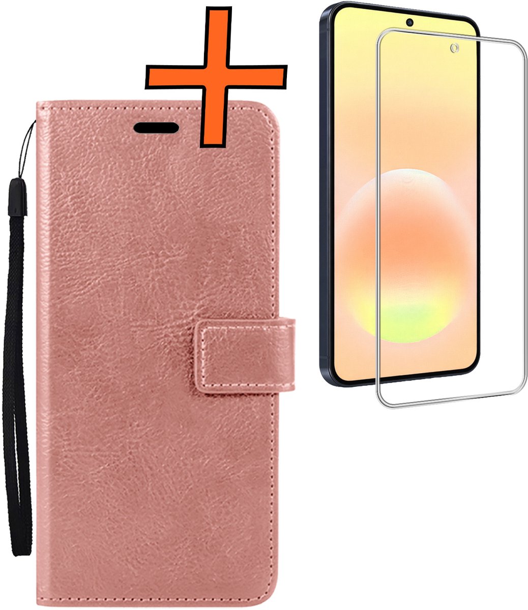 Hoes - Met Screenprotector - Geschikt voor Samsung Galaxy A57 - Luxe Pasjeshouder - Bookcase Portemonee - Flip Case - Kunstleer Book Case - Flipcase - Book Cover - Walletcase - PortemonneeHoes - Rosé goud