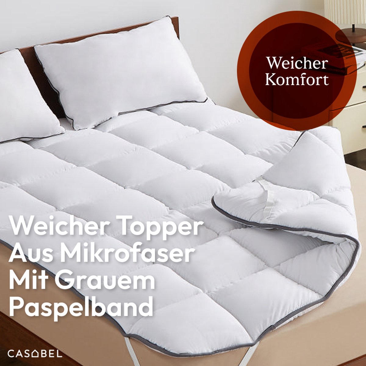 CASABEL Zachte Matras Topper 160 x 200 cm Extra Dikke Ademende Microvezel met Witte Bies