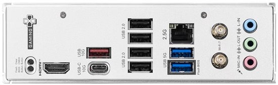 Moederbord met diverse USB-poorten (2.0, 3.2 Gen 2, USB-C 10G), HDMI, 2.5G LAN, Wi-Fi 7 en audioconnectoren.