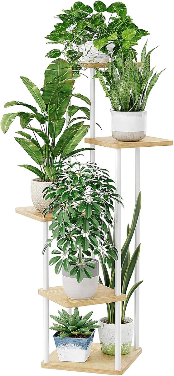MELVRA Plantenstandaard 5 Niveaus – Hoog Metalen Plantenrek – Wit – Voor Binnen & Buiten – Balkon, Tuin, Woonkamer & Slaapkamer