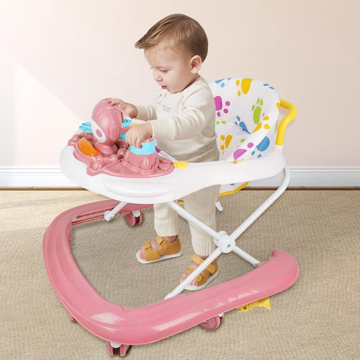 In hoogte verstelbare 3-in-1 loopstoel voor baby's met muziek en afneembare speelgoedlade