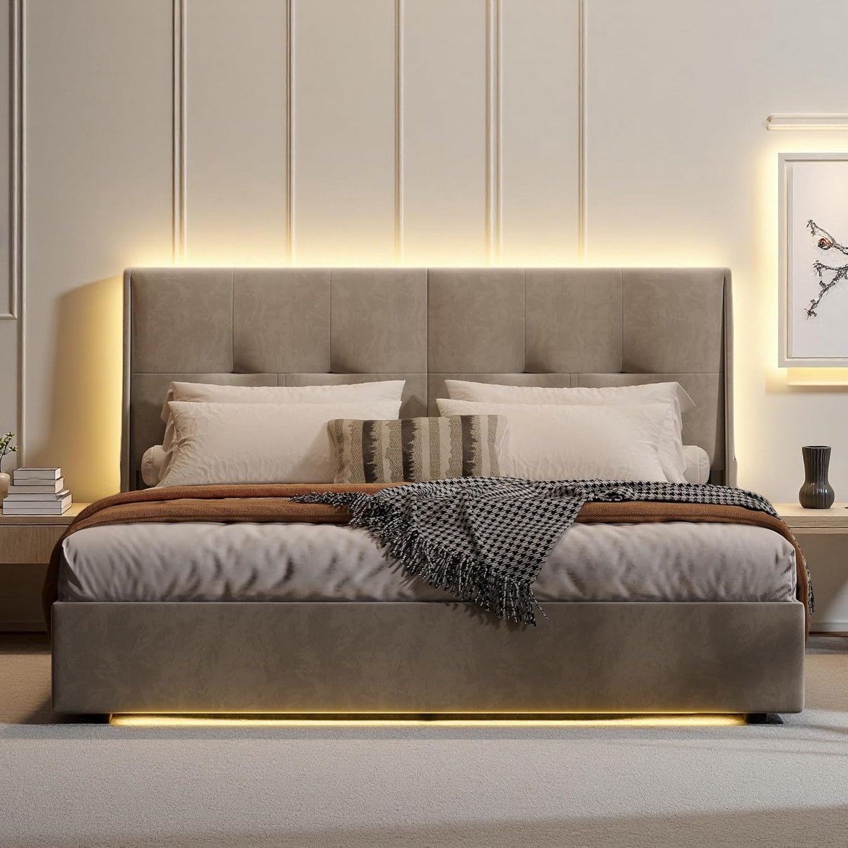 Gestoffeerd Tweepersoonsbed 160x200cm met Opbergruimte en Verstelbare LED-Verlichting