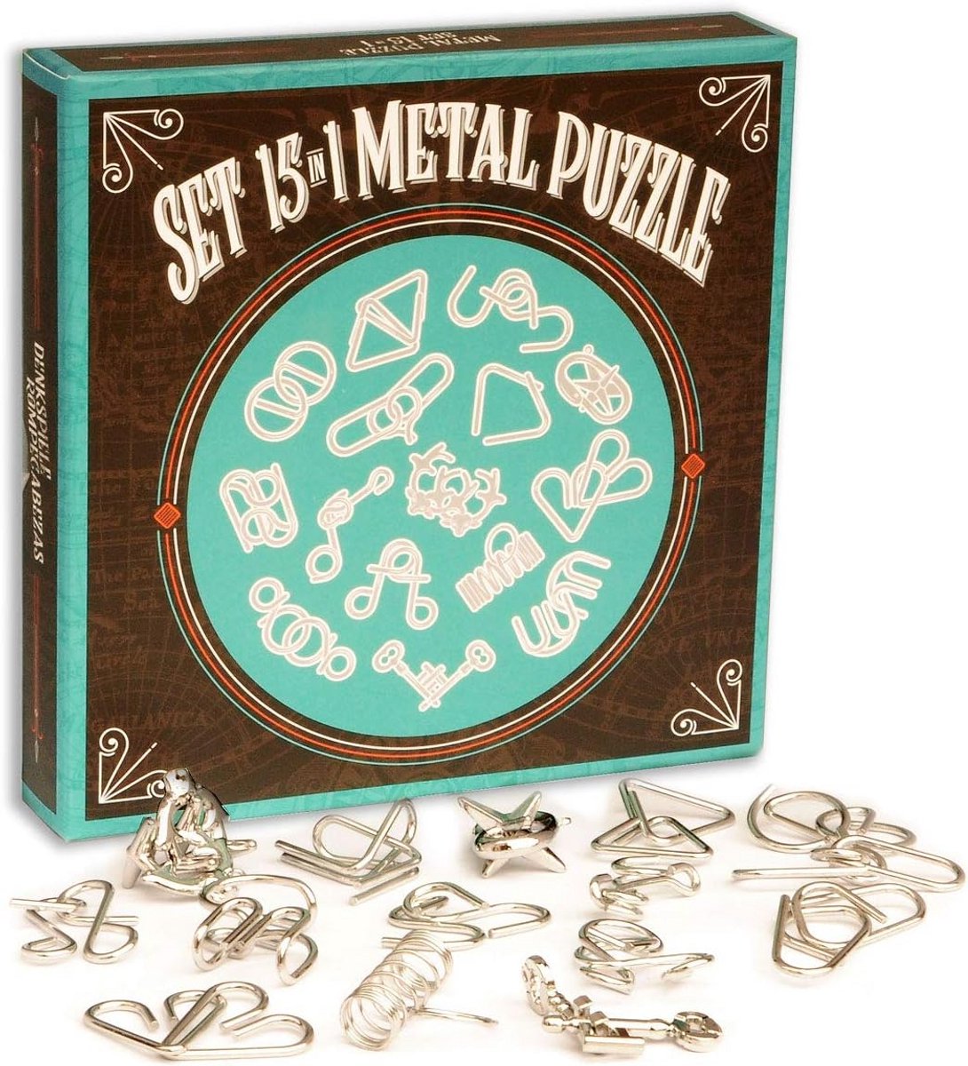 Set van 15 Metalen Draadpuzzels in Geschenkdoos - Diverse Moeilijkheidsgraden