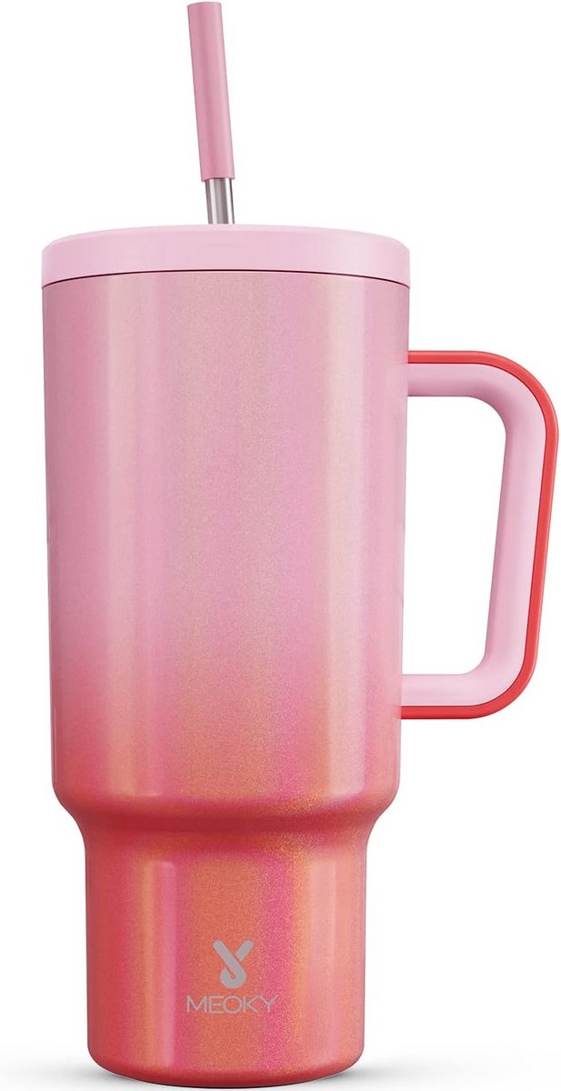 Grote Geïsoleerde Beker 1.2L met Handvat, Rietje en Deksel - Roestvrij Staal - Houdt Drank 34 Uur Koud